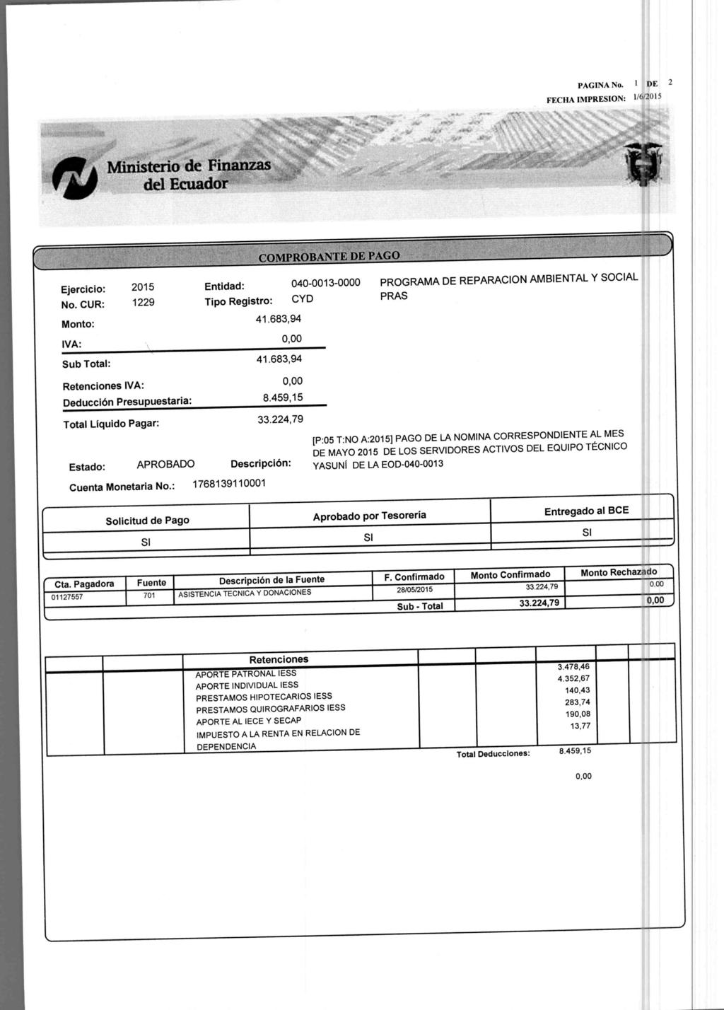 PAGINA No. 1 DE 2 FECHA IMPRESION: 1/6/2015 fil Ministerio de Finanzas i d del Ecuador Estado: APROBADO Descripción: Cuenta Monetaria No.