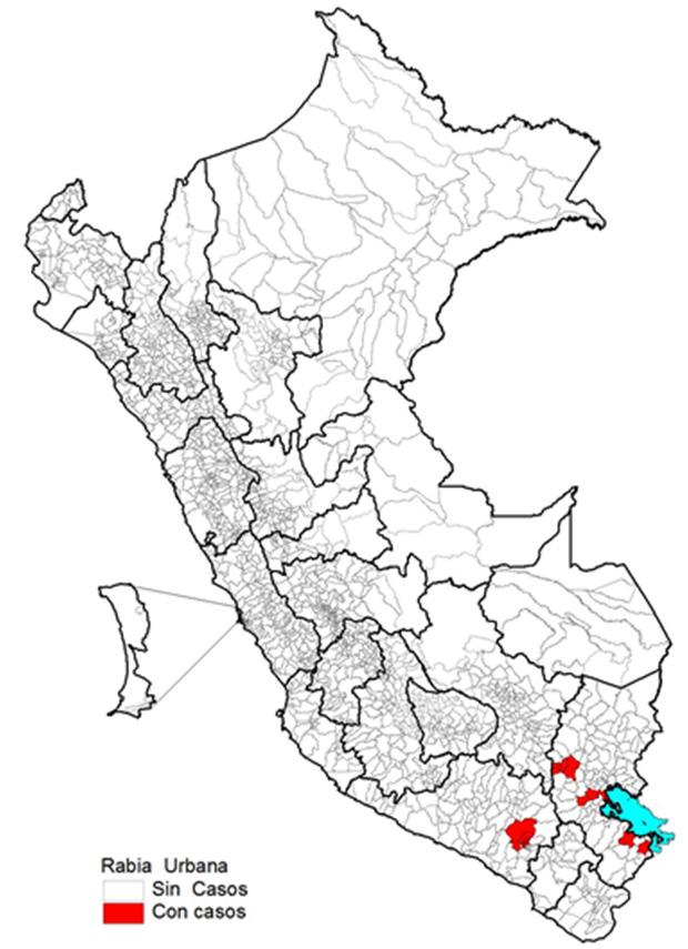 Figura 2. Mapa de distribución de casos de rabia canina, Perú 2015-2018* III.