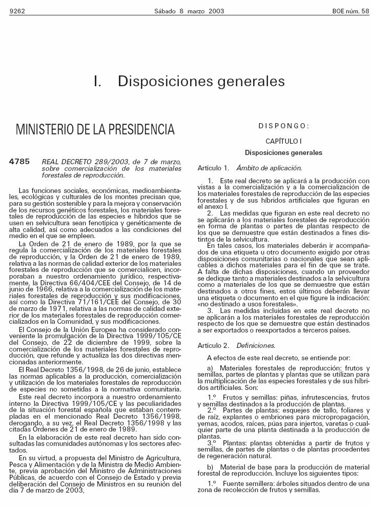 REAL DECRETO 289/2003, de 7 de marzo, sobre comercialización de los materiales forestales de