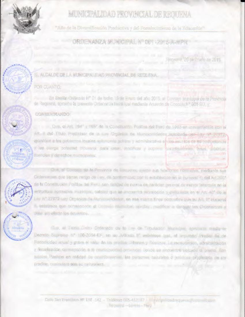 ORDENANZA MUNICIPAL Nº 001-2015-A-MPR Requena, 26 de Enero de 2015 EL ALCALDE DE LA MUNICIPALIDAD PROVINCIAL DE REQUENA.