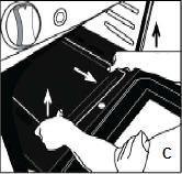 B) -Sujete el piso del horno de las ranuras laterales a la vez que lo empuja hacia adentro