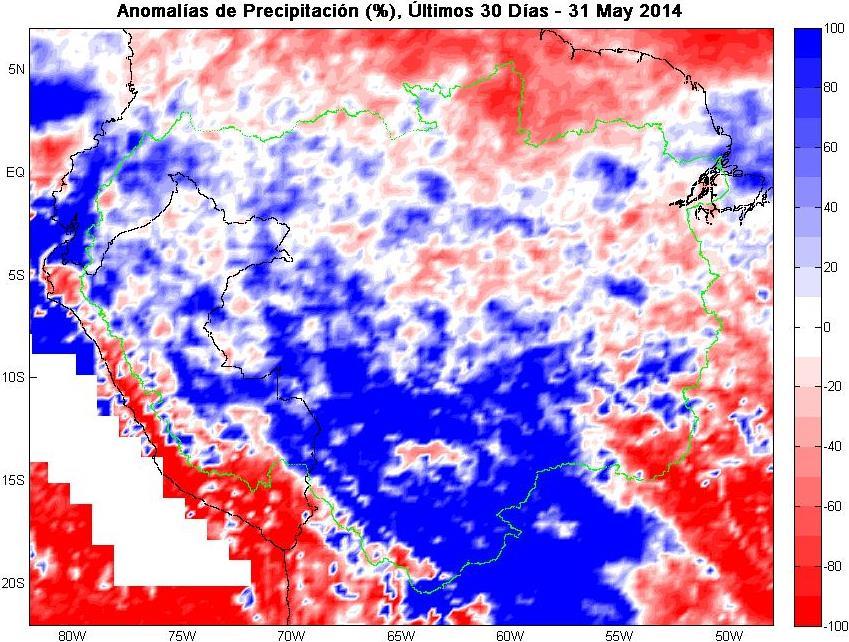 Fig. 5: Anomalías de precipitación en porcentaje (%) para el mes de mayo 2014. Las anomalías fueron calculadas con respecto al periodo base promedio 2002-2013.