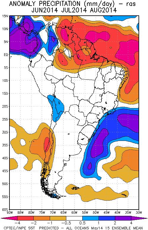 Fig. 10: Pronóstico de las anomalías de la precipitación (mm/día) método ras para los meses de JJA del 2014 en América del Sur, con datos observados del mes de mayo. Fuente: CPTEC/INPE.
