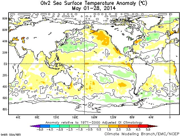 NATL Niño 3.4 Niño 1+2 SATL Fig. 1: Anomalías de temperatura superficial del mar (TSM) en C del 01 al 28 de mayo de 2014.