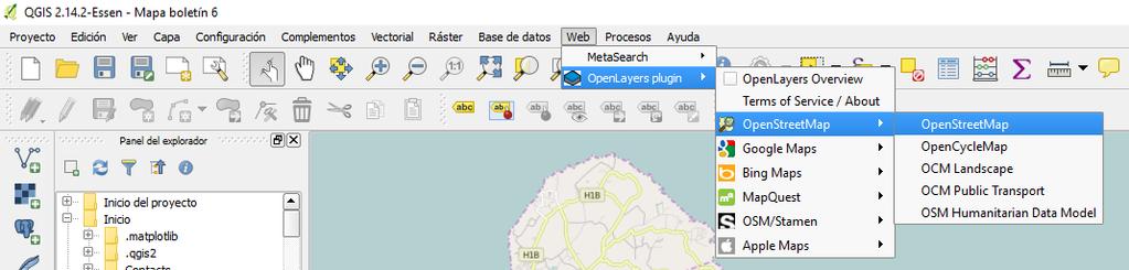 Con esto se añadirá un elemento (OpenLayers plugin) a la pestaña Web del menú de tu QGIS. Úsalo para cargar OpenStreetMap tal y como se muestra en la figura siguiente.