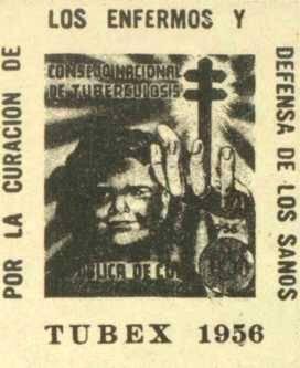 LAS CIENCIAS MÉDICAS EN LA FILATELIA CUBANA 97 1956. Rojo (impreso en papel sepia). Cabeza de niña junto a una mano que sostiene la doble cruz, leyendas usuales y fecha 1956.