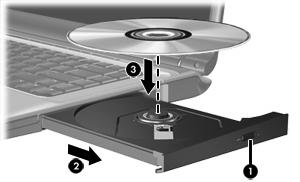 Inserción de un disco óptico 1. Encienda el equipo. 2. Presione el botón de liberación (1) que se encuentra en la parte frontal de la unidad para liberar la bandeja para medios. 3.