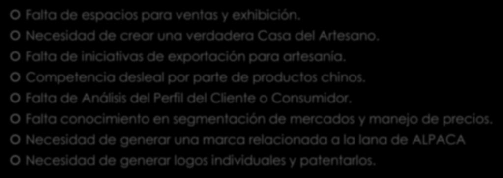 NÚCLEO SECTORIAL DE ARTESANÍA MERCADEO Y VENTAS Falta de espacios para ventas y exhibición. Necesidad de crear una verdadera Casa del Artesano. Falta de iniciativas de exportación para artesanía.