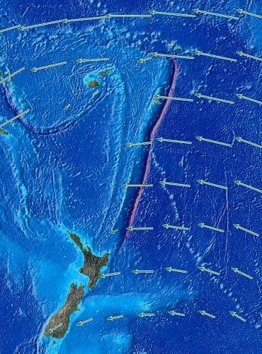 Las flechas azules muestran el movimiento de la Placa del Pacífico con respecto a la Placa de Australia.
