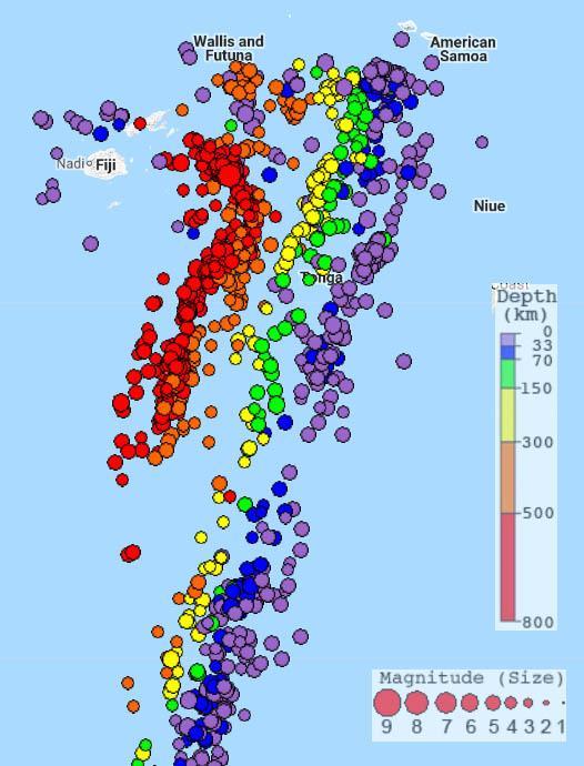 La sismicidad histórica regional en el extremo norte de la Fosa de Tonga se muestra en el mapa a continuación con los terremotos codificados por color de profundidad.