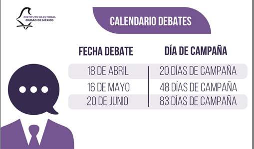 El IECM aprueba las fechas de debates de los candidatos en CDMX El primer debate que tendrán los siete aspirantes registrados ante el Instituto Electoral de Ciudad de México será el miércoles 18 de