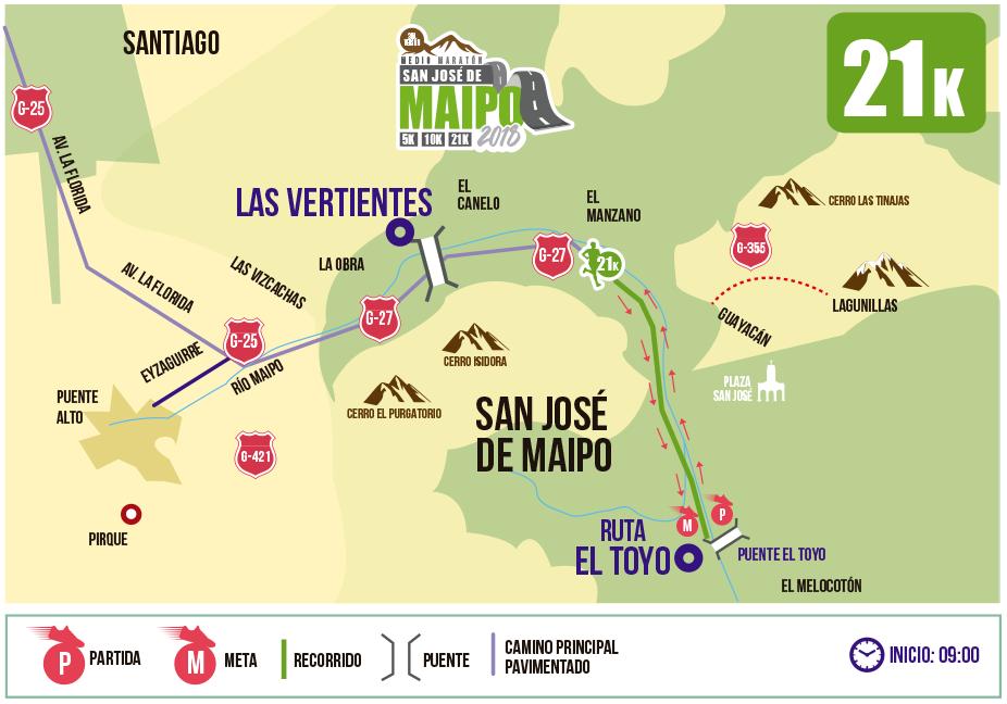 Distancia 21 Kilómetros (Medio Maratón). La partida se ubica en el Puente el Toyo y el circuito será hacia el norte (dirección a Pirque).