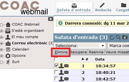 ELIMINAR CORREUS 17. Quina capacitat té el webmail El webmail del COAC té una capacitat de 250 MB. Si s arriba al 100% de la capacitat es poden enviar correus, però no rebre ls.