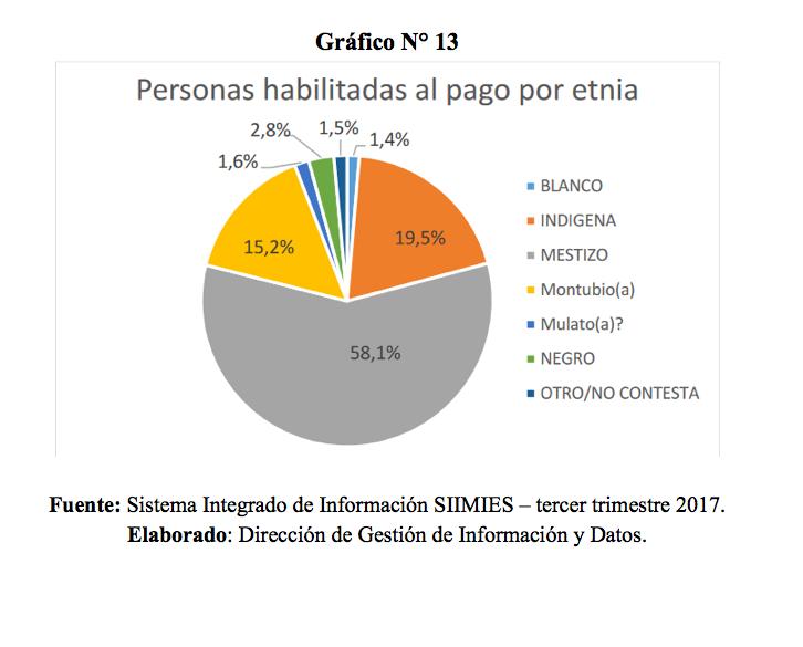 De las personas habilitadas para el Bono, los mestizos son mayoría con 58,1%, seguidos de los indígenas con un 19,5% y 15,2% montubios; la etnia con menor número de