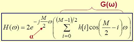 Tipos FIR I y FIR II Para coeficientes simétricos, podemos mostrar que la respuesta en frecuencia es de la siguiente forma: FIR II (M es impar, la secuencia es simétrica y de longitud par) Note que
