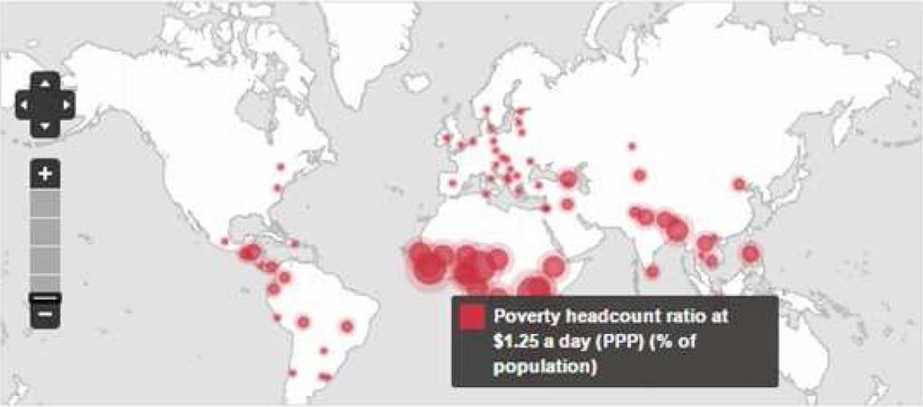 1.25 dólares amercanos daros). Fgura 1.1. Mapa de la pobreza mundal por país, mostrando los porcentajes de poblacón que vven con un dólar amercano daro o menos.
