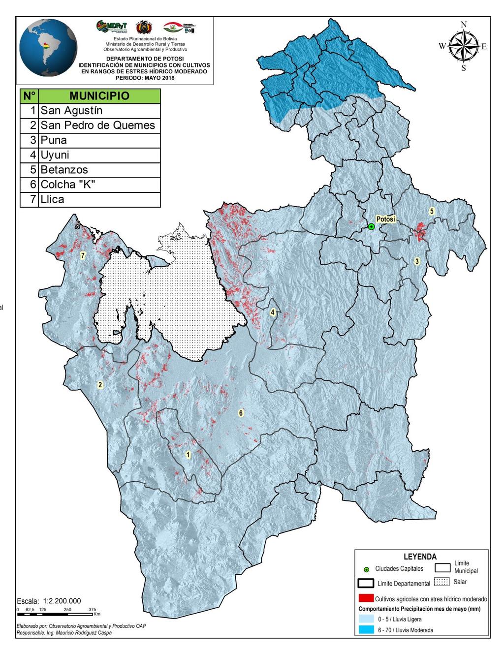 Considerando que el Departamento de Oruro es netamente Altiplano y si bien las precipitación no son abundantes en esta región; existió en mayo poca disponibilidad de agua sobre todo en el Sur del