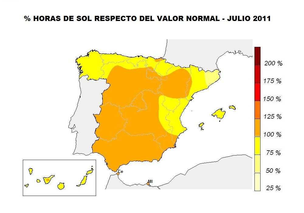 Insolación y otras variables Los valores de la insolación acumulada en julio se han situado ligeramente por encima de los valores normales del mes en todas las regiones con excepción de Galicia,