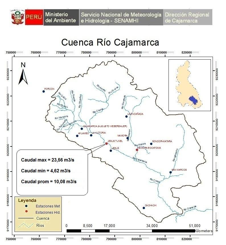 COMPONENTE HIDROLOGICA CUENCA RIO CAJAMARCA Al iniciar el mes de diciembre, el río Cajamarca (vertiente oriental) registró un caudal de 17,89 m 3 /s y finalizó el mes con un caudal de 23,56 m 3 /s.