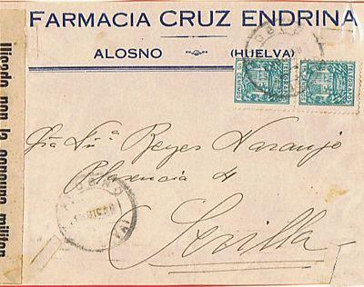 Carta dirigida a Sevilla franqueada con sellos de Telégrafos y censura militar en destino.