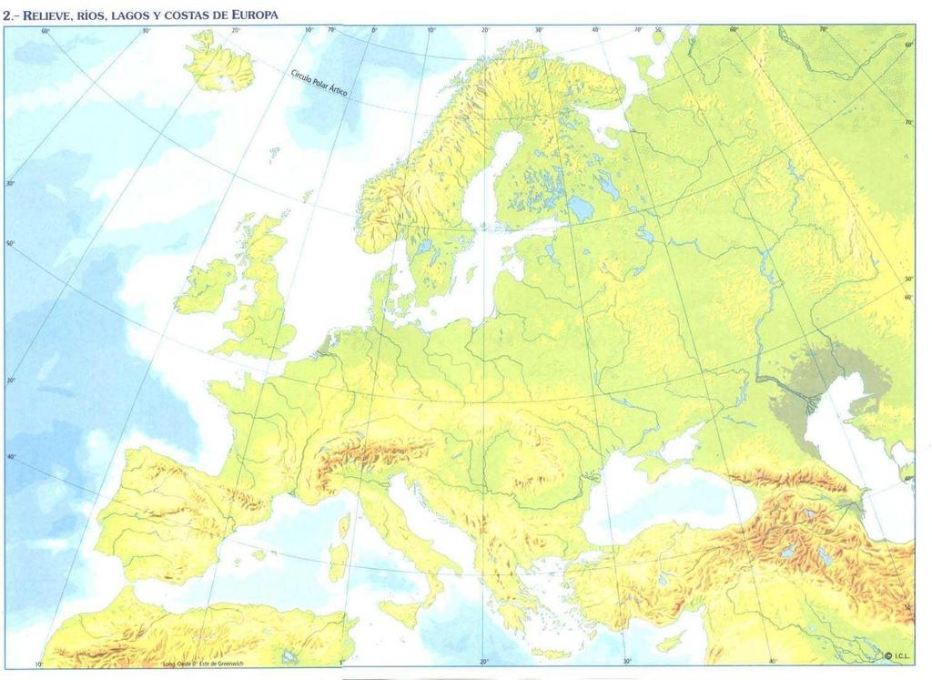 7.- Sitúa en el mapa de Europa los siguientes accidentes geográficos y ríos: Gran Llanura Europea, Macizo Central Francés, Montes Escandinavos, Montes Urales, Alpes, Pirineos, Río Vístula, Río Elba,
