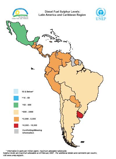 Argentina: 2007 Industry standard below 1200 ppm Diesel Sulphur Levels, LAC Mexico: NOM 086 (Dec 2005) 80 ppm