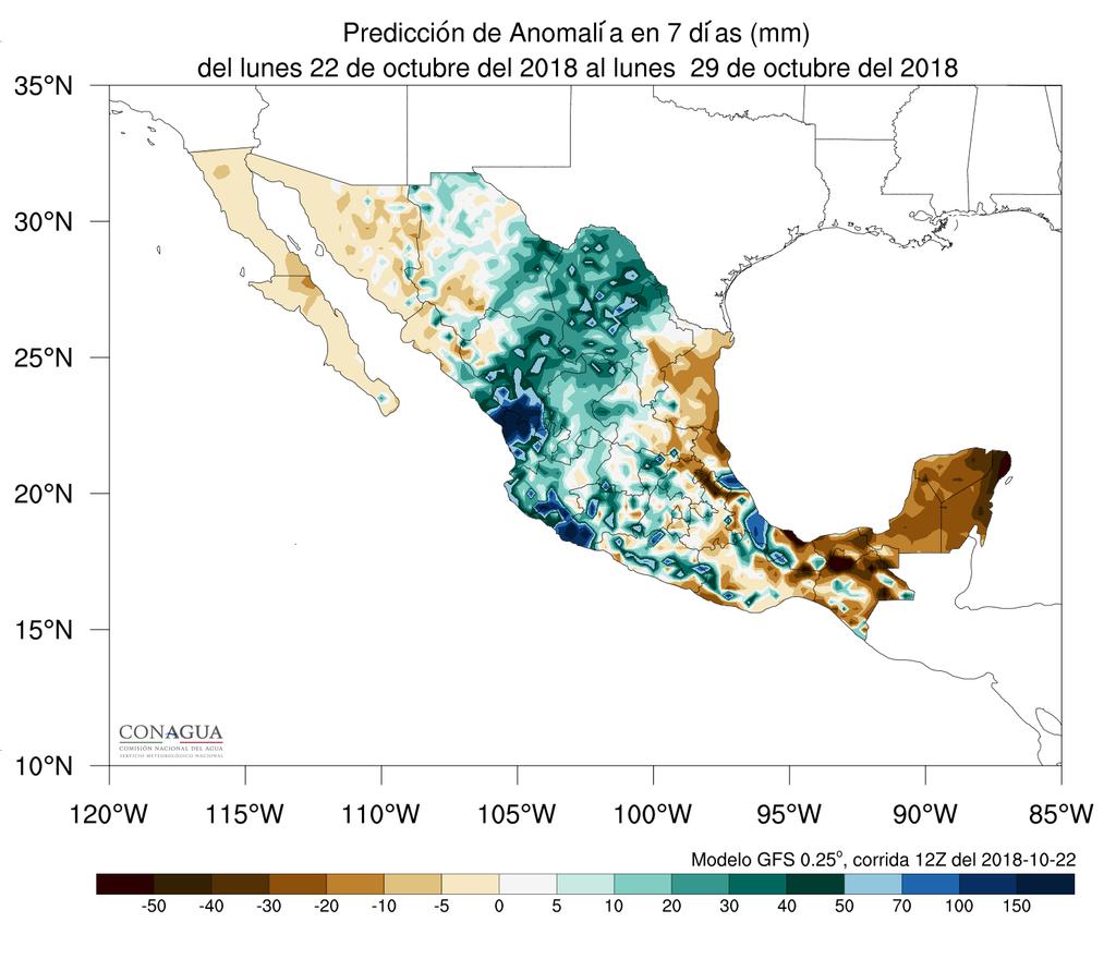 Precipitación y su anomalía registrada acumulada en lo que va de octubre del 2018 en mm