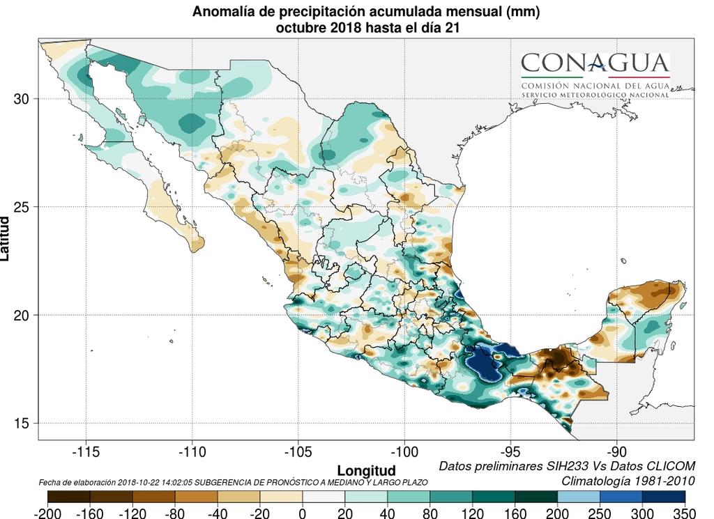 Precipitación y su anomalía registrada acumulada en lo que va del año 2018 en mm Temperaturas: análisis y pronóstico (mapas de modelos numéricos) (por localidad). T. Máx. en C: 41.
