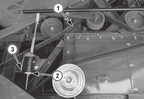 La correa es impulsada por la caja de cambios de ángulo recto (2) y se tensiona mediante un resorte de compresión (2).