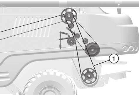 2. Quite la correa de transmisión de descarga secundaria (1). 3. Retire y guarde las sujeciones que sujetan el soporte de la correa en la cosechadora.