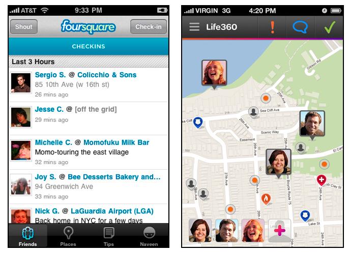 SIG móvil 635 Figura 24.5: Dos servicios basados en localizacion sobre un teléfono móvil. En la parte izquierda, Foursquare [http://www.foursquare.com]. En la parte derecha, Life360 [http://www.