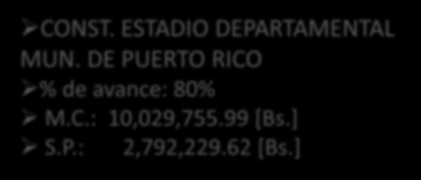 CONST. ESTADIO DEPARTAMENTAL MUN. DE PUERTO RICO % de avance: 80% M.C.: 10,029,755.99 [Bs.] S.P.: 2,792,229.62 [Bs.