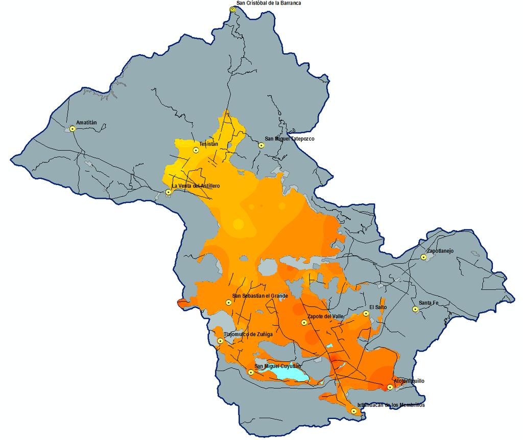 Las concentraciones más bajas se presentan al norte de Tesistán, parte central de la zona metropolitana de
