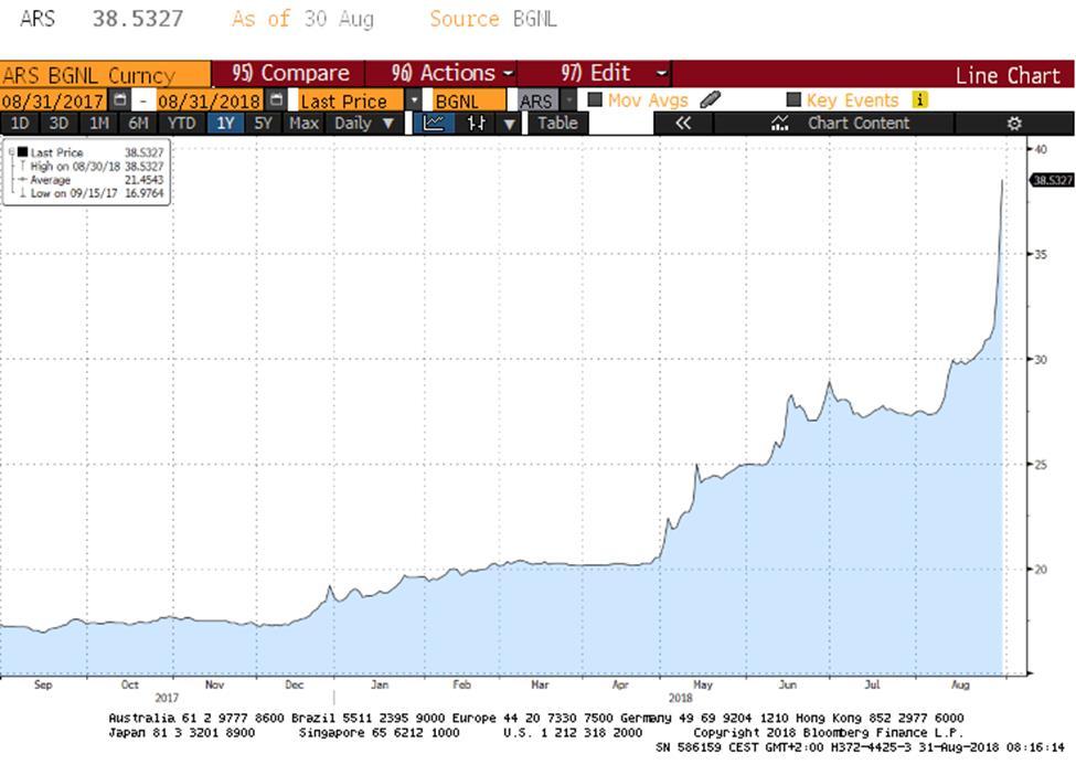 descenso del 16%. En lo que va de año, la moneda argentina pierde casi un 50% de su valor frente al dólar (ver gráfico adjunto).