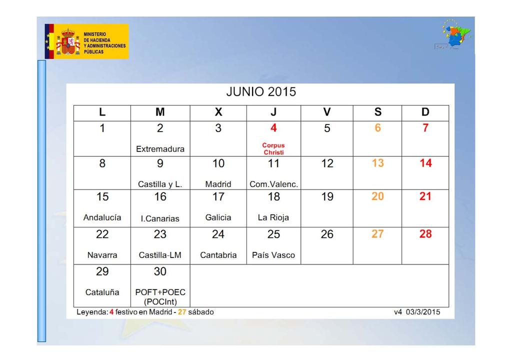 MINISTERIO DE HACIENDA Y ADMINISTRACIONES PUBLICAS COMITÉS SEGUIMIENTO POs FEDER 2007-2013 (Fechas propuestas para 2015-2/2) L 1 8 15 Andalucía 22 Navarra 29 M 2 Extremadu ra 9 Castilla y L. 16 I.
