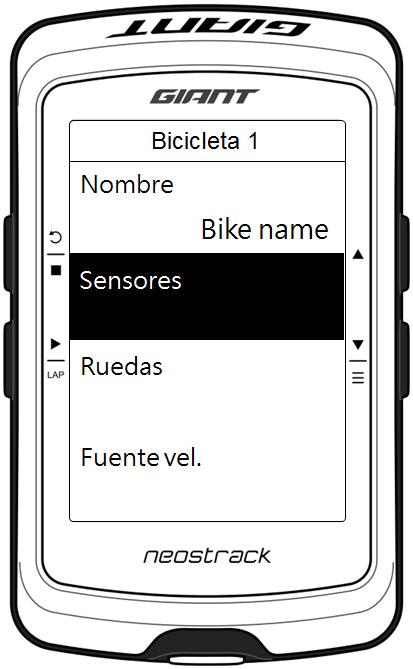 Paso 2: Presione para elegir Setup. Presione Paso 3: Presione para elegir Bike Data. Presione Paso 4: Presione para elegir Bicicleta 1. Presione Paso 5: Presione para elegir Sensores.