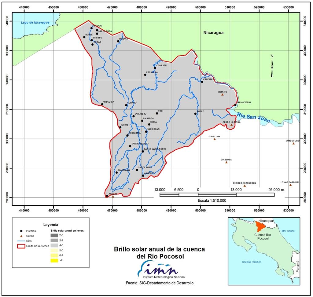 En la Figura 13 se establece la distribución anual de las horas de brillo solar en la cuenca. Fuente: Atlas Climatológico de Costa Rica. IMN, 2009 Figura 13.