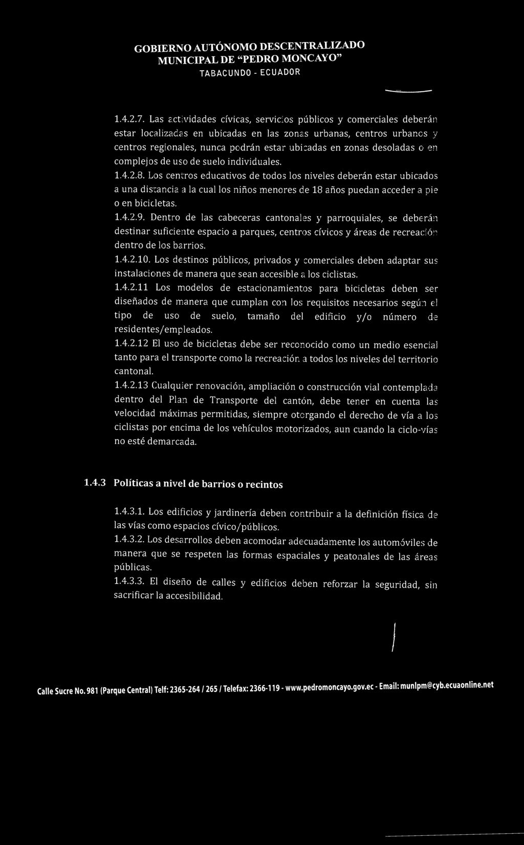 GOBIERNO AUTÓNOMO DESCENTRALIZADO MUNICIPAL DE "PEDRO MONC AYO" TABACUNDO - ECUADOR 1.4.2.7.