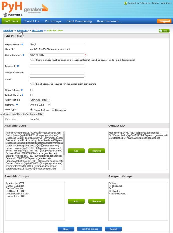 Genaker PTT Cloud: Componentes Portal WEB-Gestión Rápida y desde