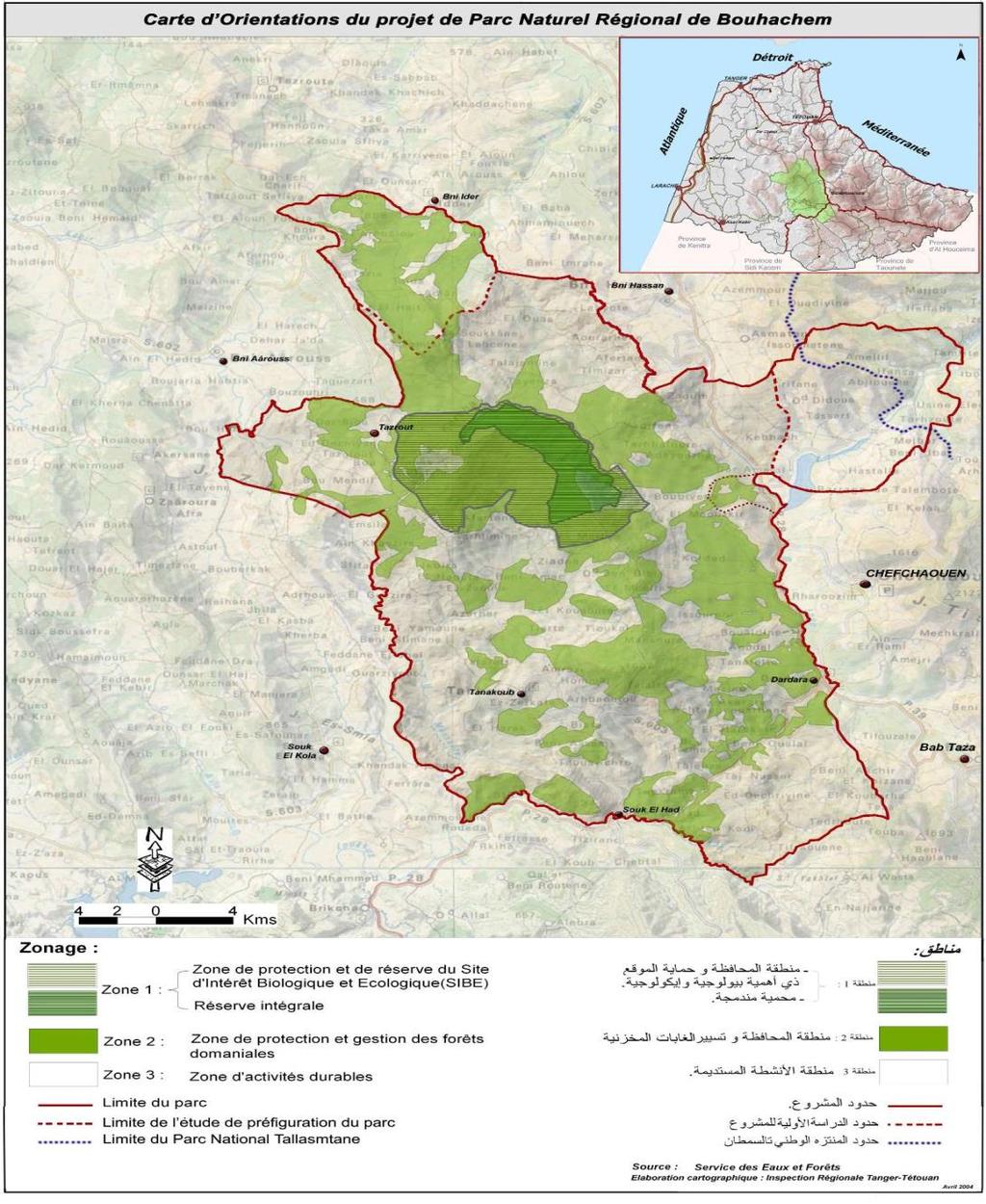 Fig. 002: Mapa de orientación del proyecto del Parque Natural regional de Bouhachem (Service des eaux et forêts, 2004). encuentran en la provincia de Chefchaouen.