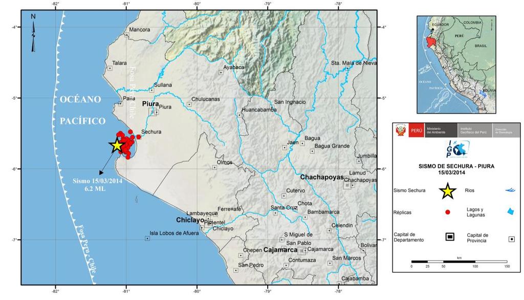 Figura 6.- Distribución espacial de las réplicas del sismo de Sechura del 15 de marzo de 2014.