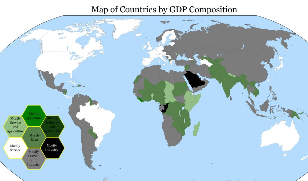 štruktúra ekonomiky (podiel sektorov na tvorbe HDP) toto je ilustračná mapa (zdroj); Presnejšie údaje: 1.