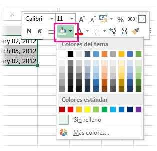 1. Para rellenar las celdas con color, haga clic en la flecha abajo junto al botón Color de relleno y elija el color de relleno que desea.