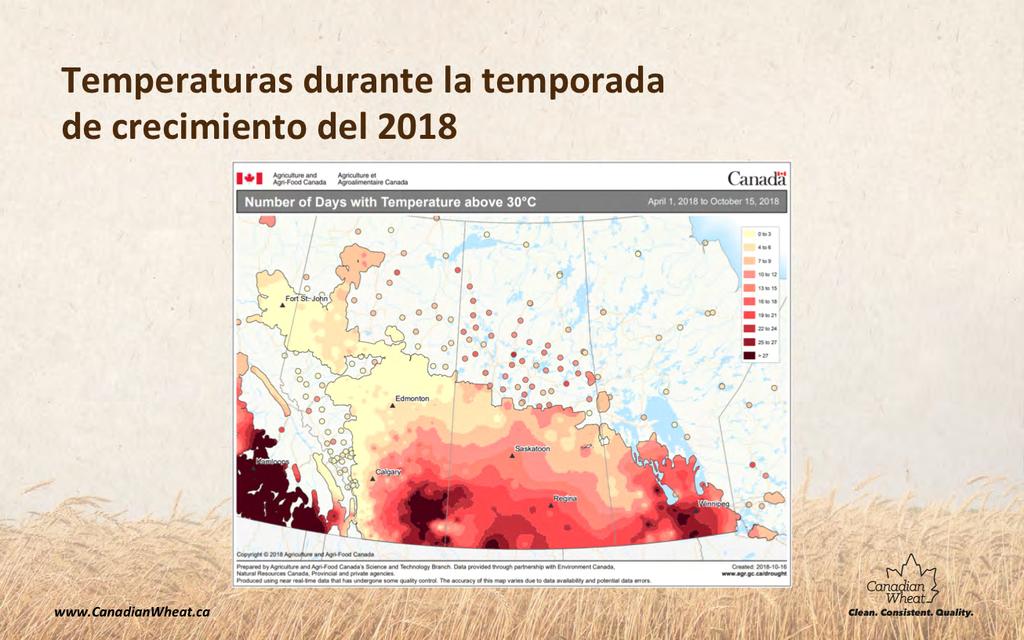 Este mapa de temperatura de la región de las praderas de Canadá muestra la temporada de crecimiento. En general, la temperatura se mantuvo cerca de la media en la mayoría de las regiones de cul>vo.