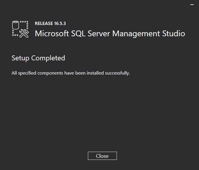 Una vez que finalice la instalación, presione el botón Close. Ha sido finalizado el proceso completo de la instalación de Microsoft SQL Server 2016 Management Studio.