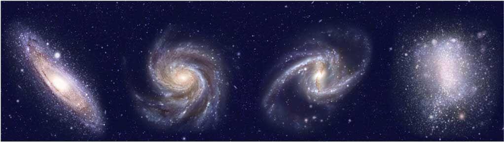 Las galaxias son enormes agrupaciones de estrellas, nebulosas y polvo interestelar que se mantienen unidos entre sí por la acción de fuerzas de atracción gravitatoria.