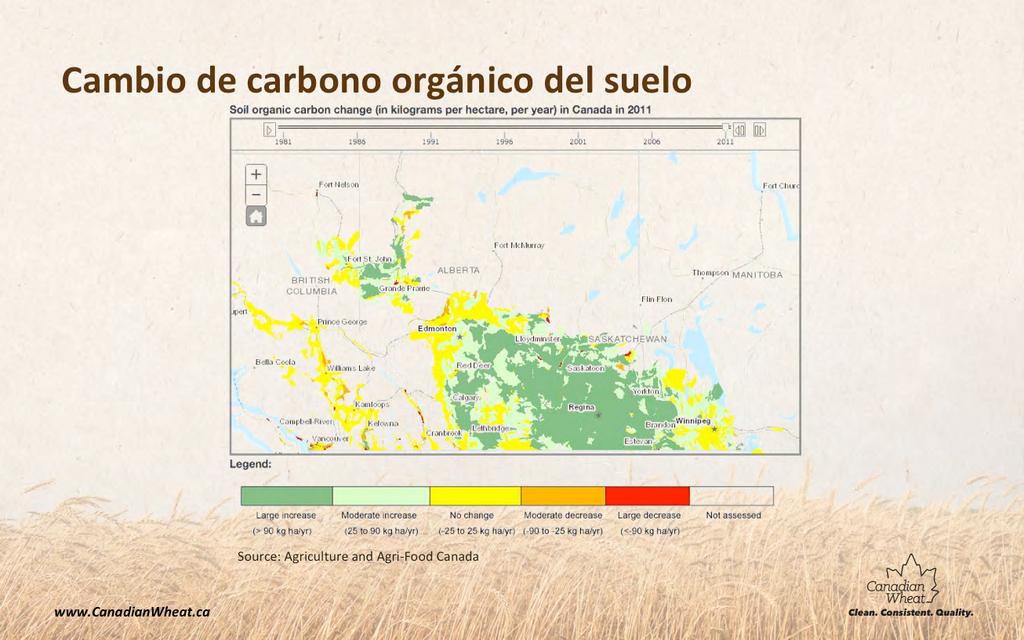 Este es un mapa de la región de cul7vo en las praderas y muestra los aumentos en materia orgánica cada año.