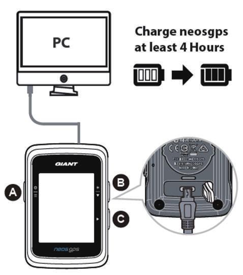 Paso 1: Carga tu NeosGPS Saca el cable USB del paquete y conecta tu NeosGPS a tu PC para realizar la carga automáticamente. Cárgala durante al menos 4 horas.