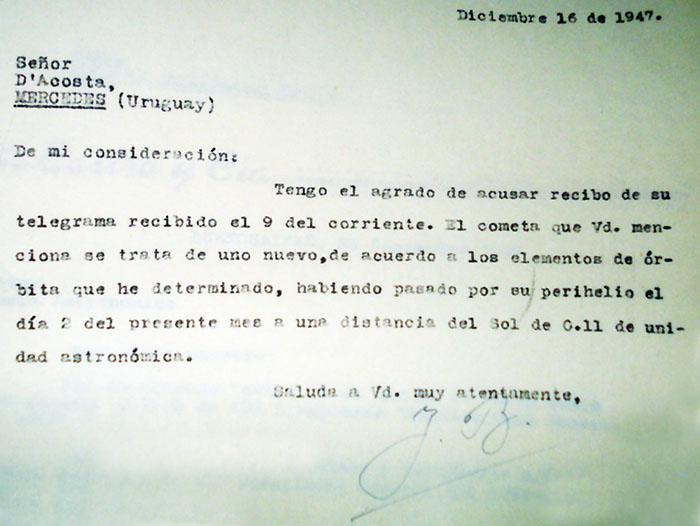 3 Carta del astrónomo J. Bobone del Observatorio Nacional Argentino, al señor D Costa (Mercedes, Uruguay) del 16/12/1947(Archivo OAC, digitalizado S. Paolantonio).