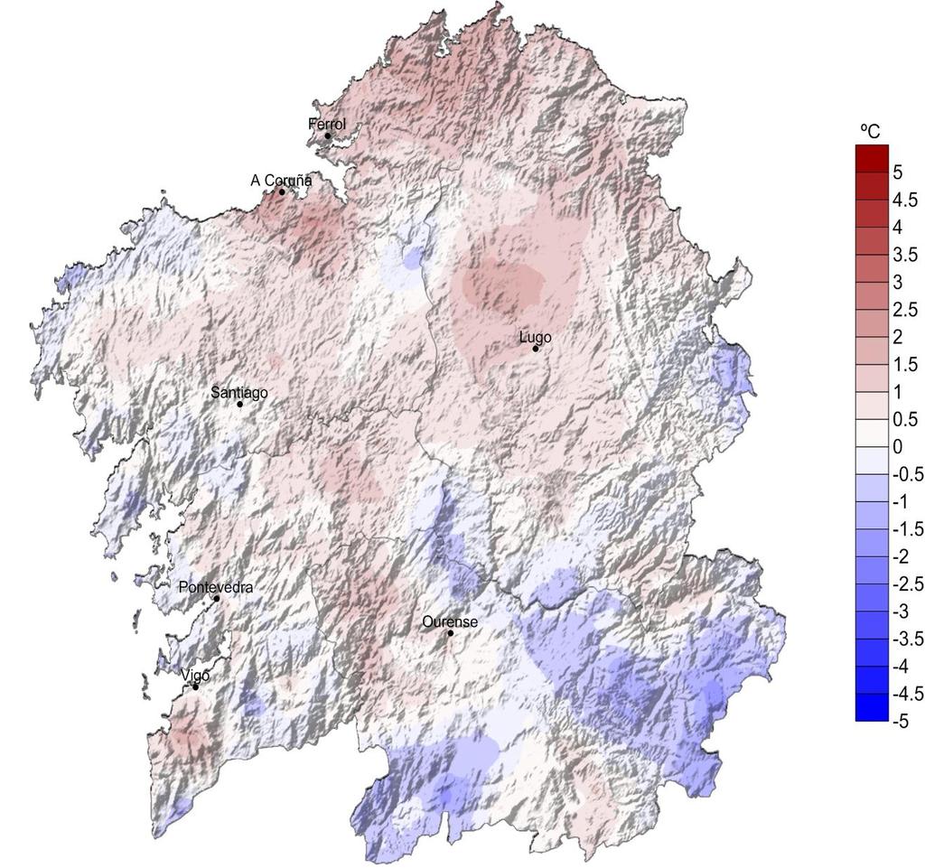 4.3. Anomalía de temperatura media con respecto ao período 1981-2010. A anomalía da temperatura media no conxunto de Galicia neste mes de xullo, tendo en conta a media dos valores do mapa, foi de 0.